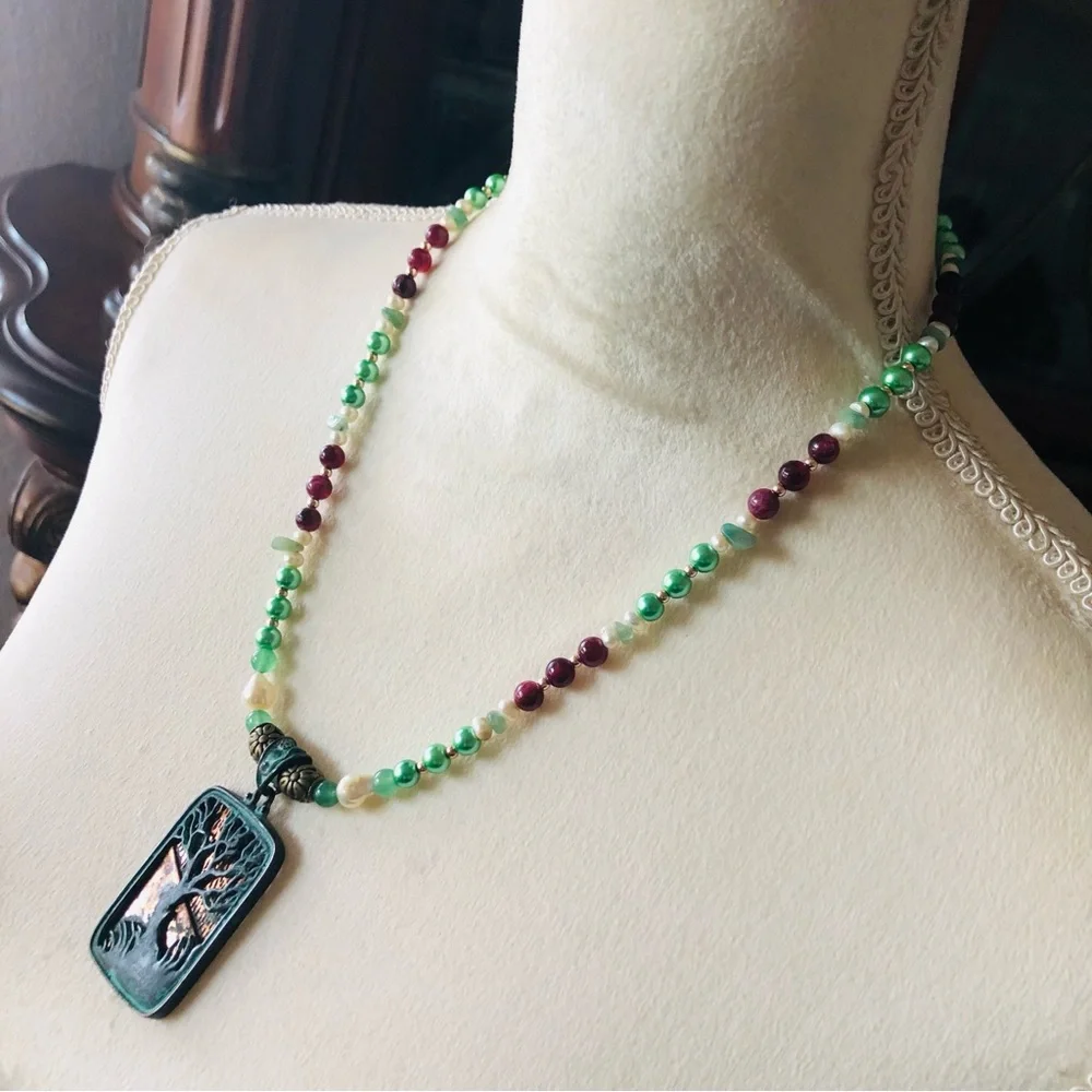 Handcrafted repurpose vintage tree pendant genuine stone pearl necklace
